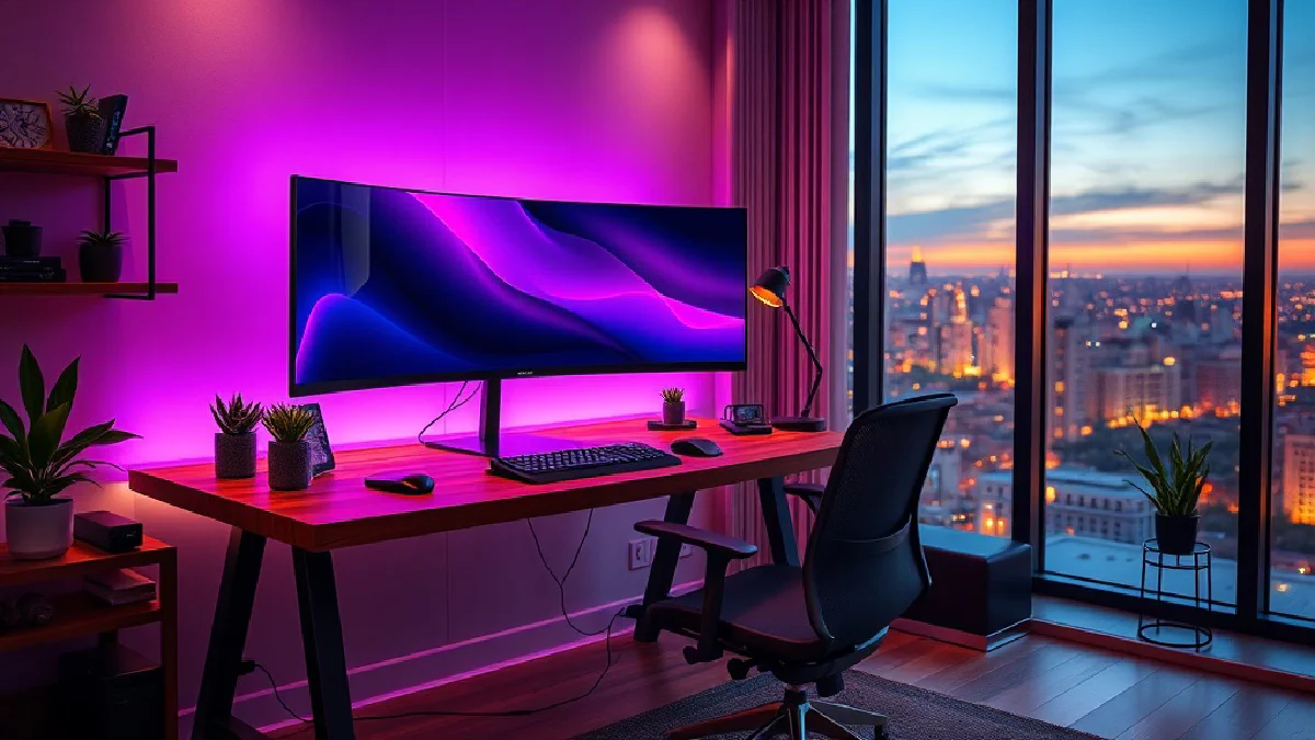Illustrated desk setup with an ultrawide display and atmospheric purple lighting